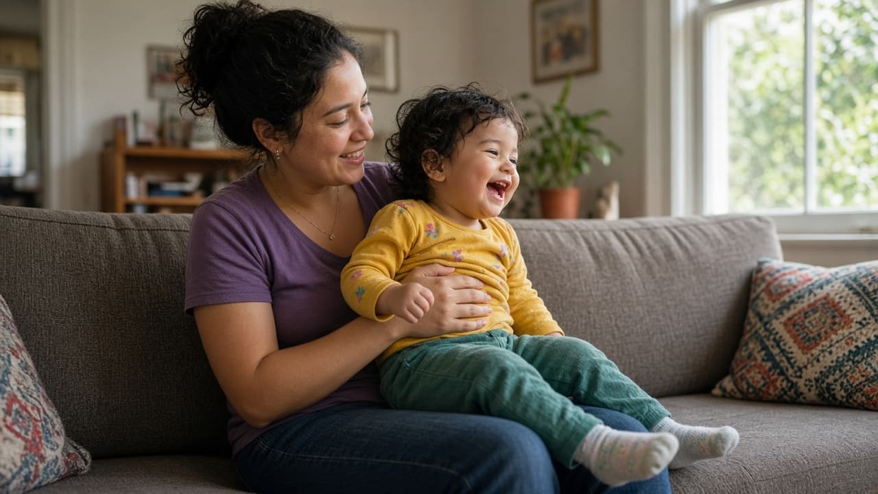 A parent holding a child in a sunlit living room